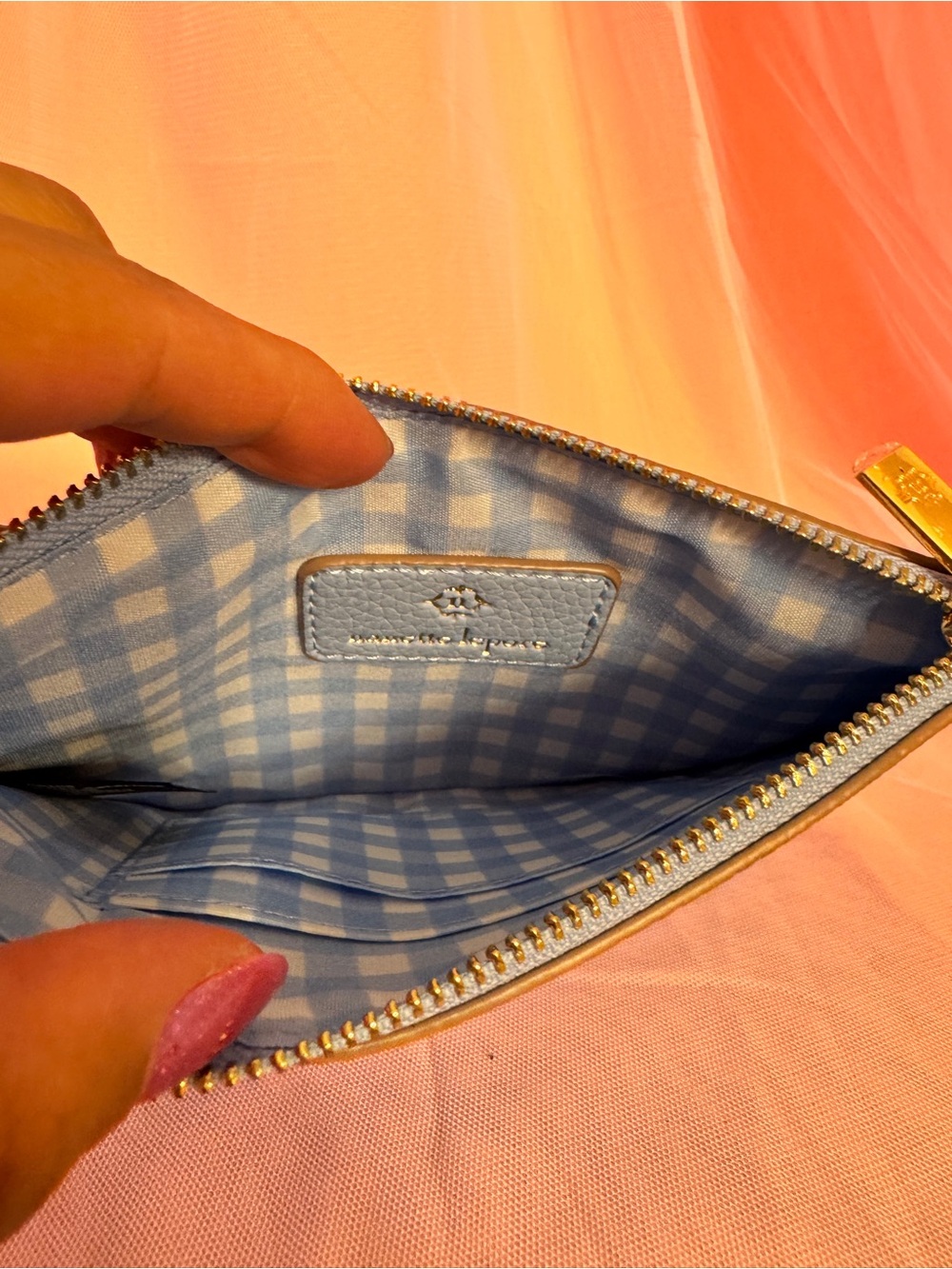 👝Nanette Lepore Blue Pebbled GinghamWristlet w Wrist Strap Gold Hardware - Picture 4 of 5